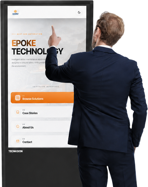 Touchscreen kiosk interface in use at an exhibition stand